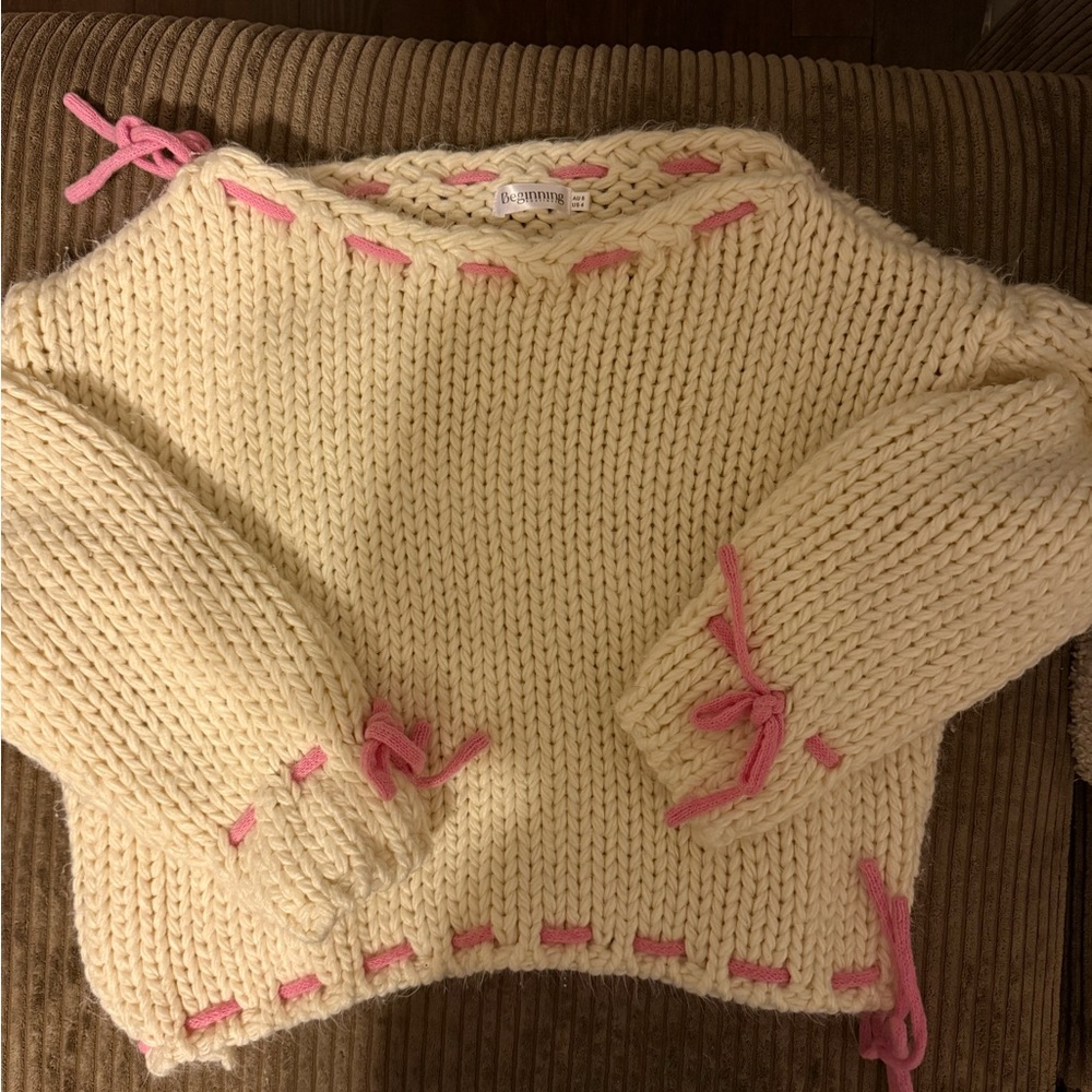 Beginning Boutique Cream Sweater with Pink Accents